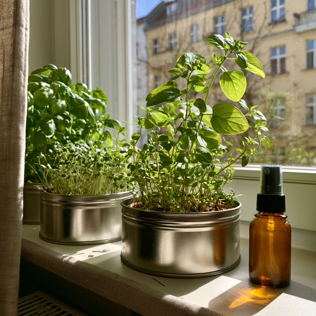 Silberne Dosen mit Microgreens auf der Fensterbank einer Stadtwohnung.