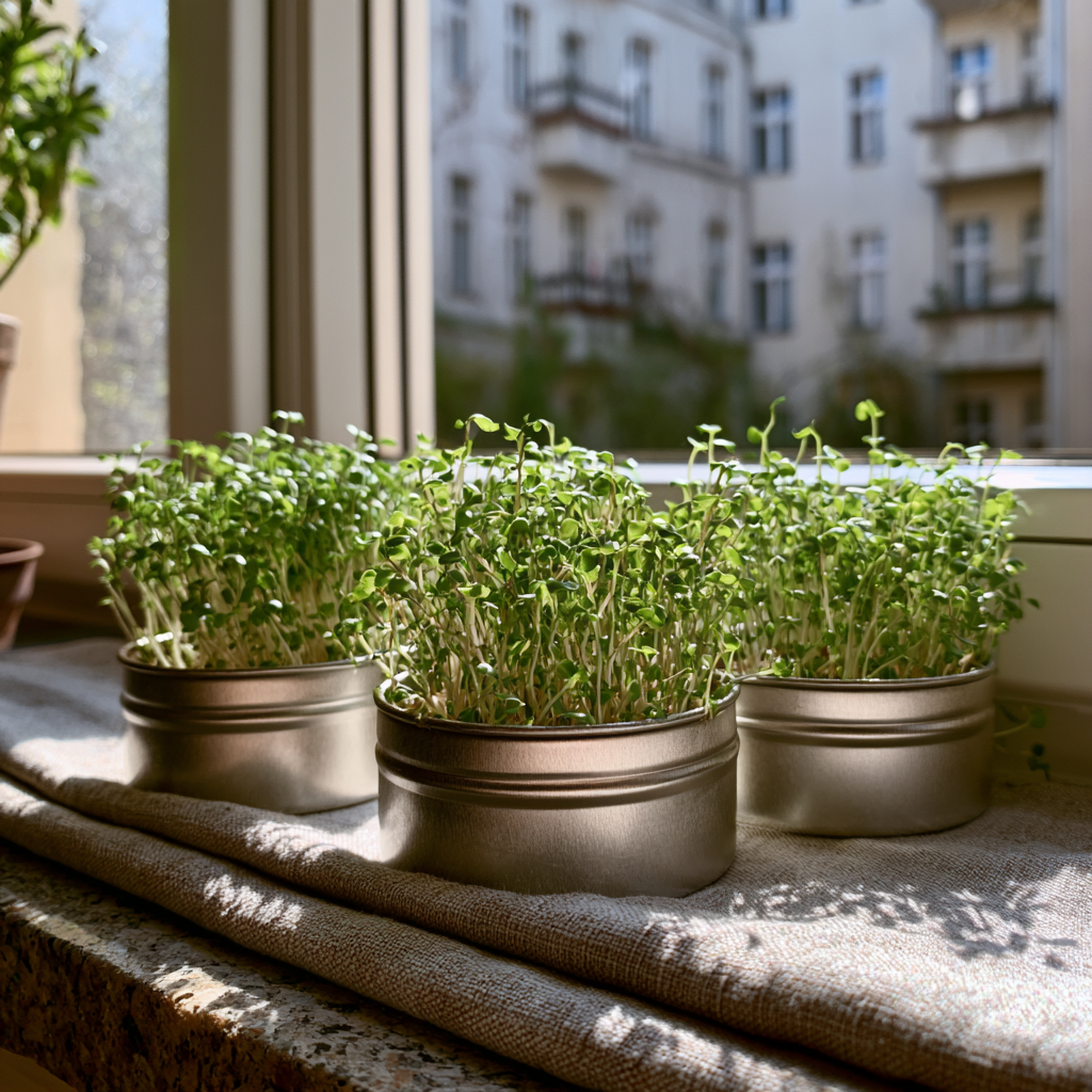 Drei Dosen Microgreens in einer Reihe auf Leinen vor einem Stadtfenster.