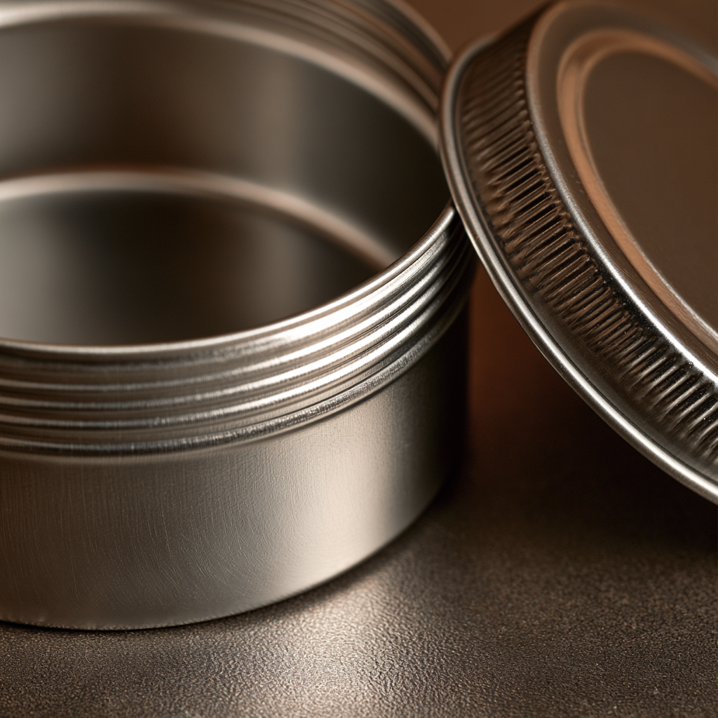 Offene, leere Aluminiumdose mit geriffeltem Schraubdeckel daneben.