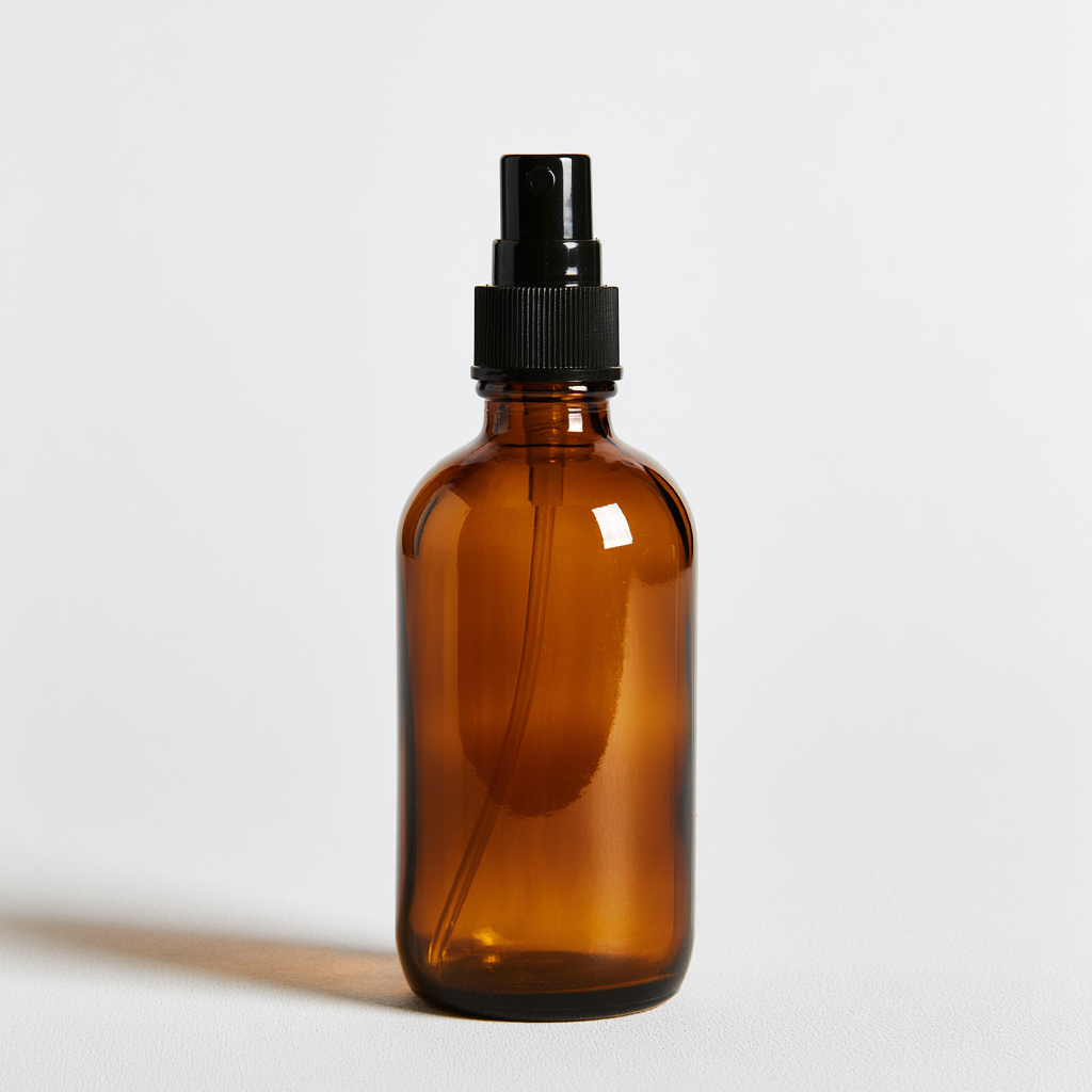Kleine Braunglas-Sprühflasche mit schwarzem Zerstäuber.