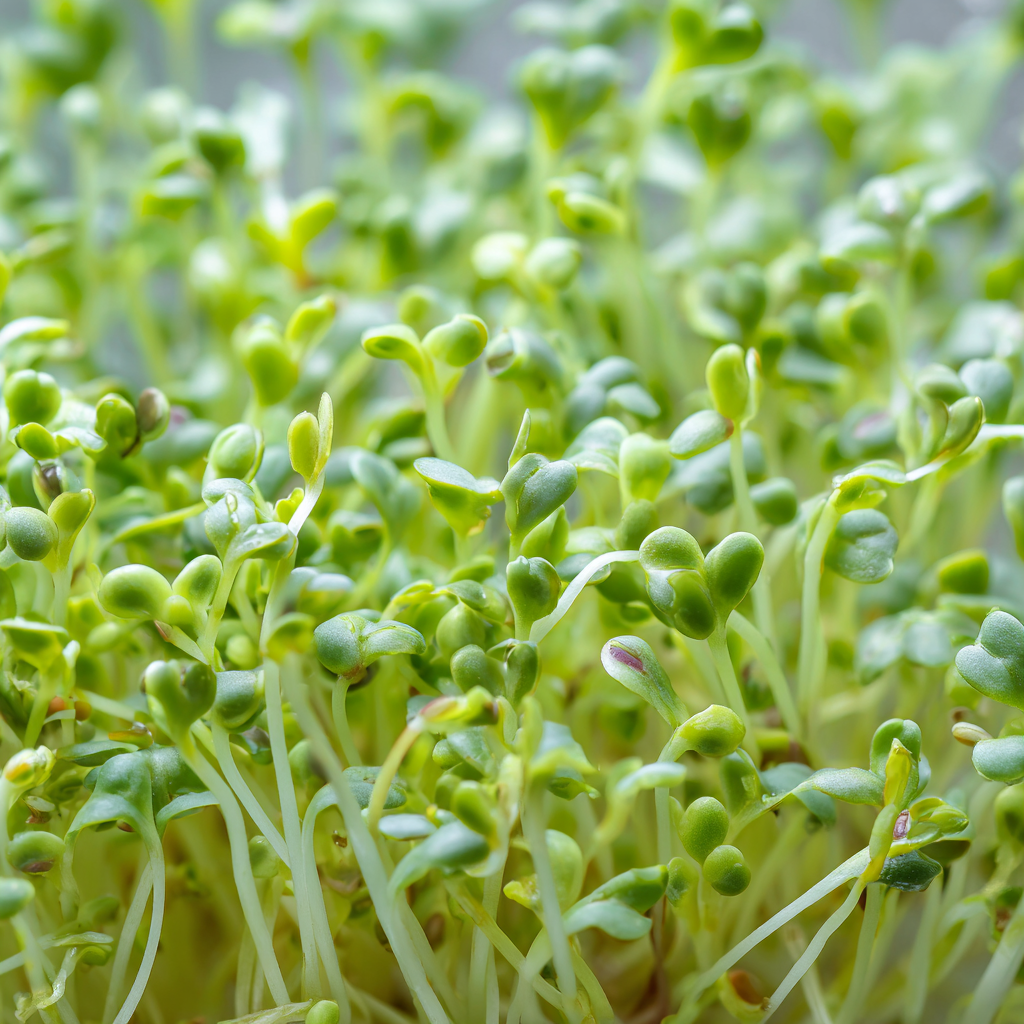 Grüner Daikon-Rettich als Microgreen: herzförmige Keimblätter auf blassgrünen Stielen ohne Rosa.