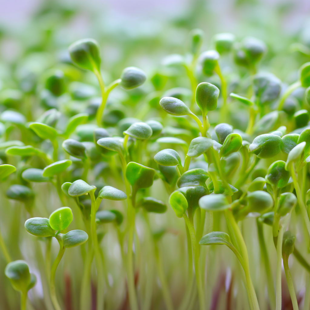 Rucola als Microgreen: zarte, hellgrüne Keimblätter auf dünnen, aufrechten Stielen.