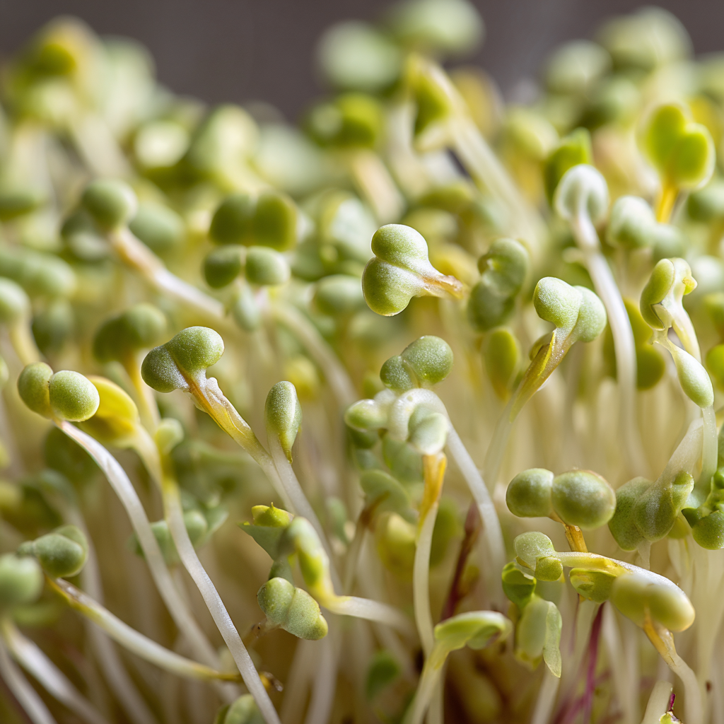 Senf als Microgreen: runde, gelblich-grüne Keimblätter auf blassen, leicht gelblichen Stielen.